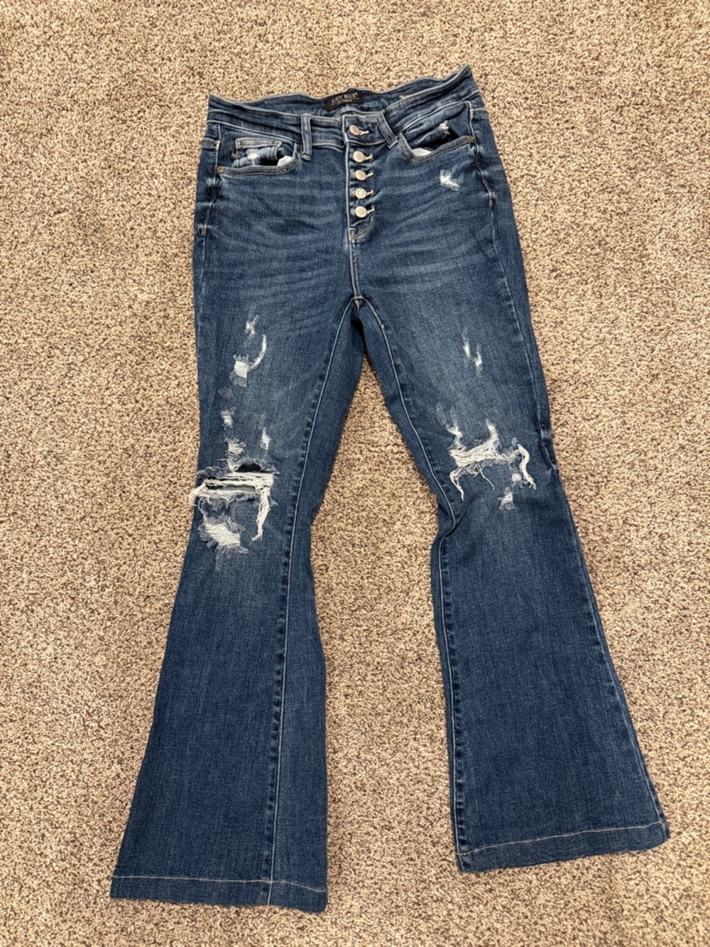 Judy Blue Dark Blue Distressed Button-Fly Flare Jeans - Women